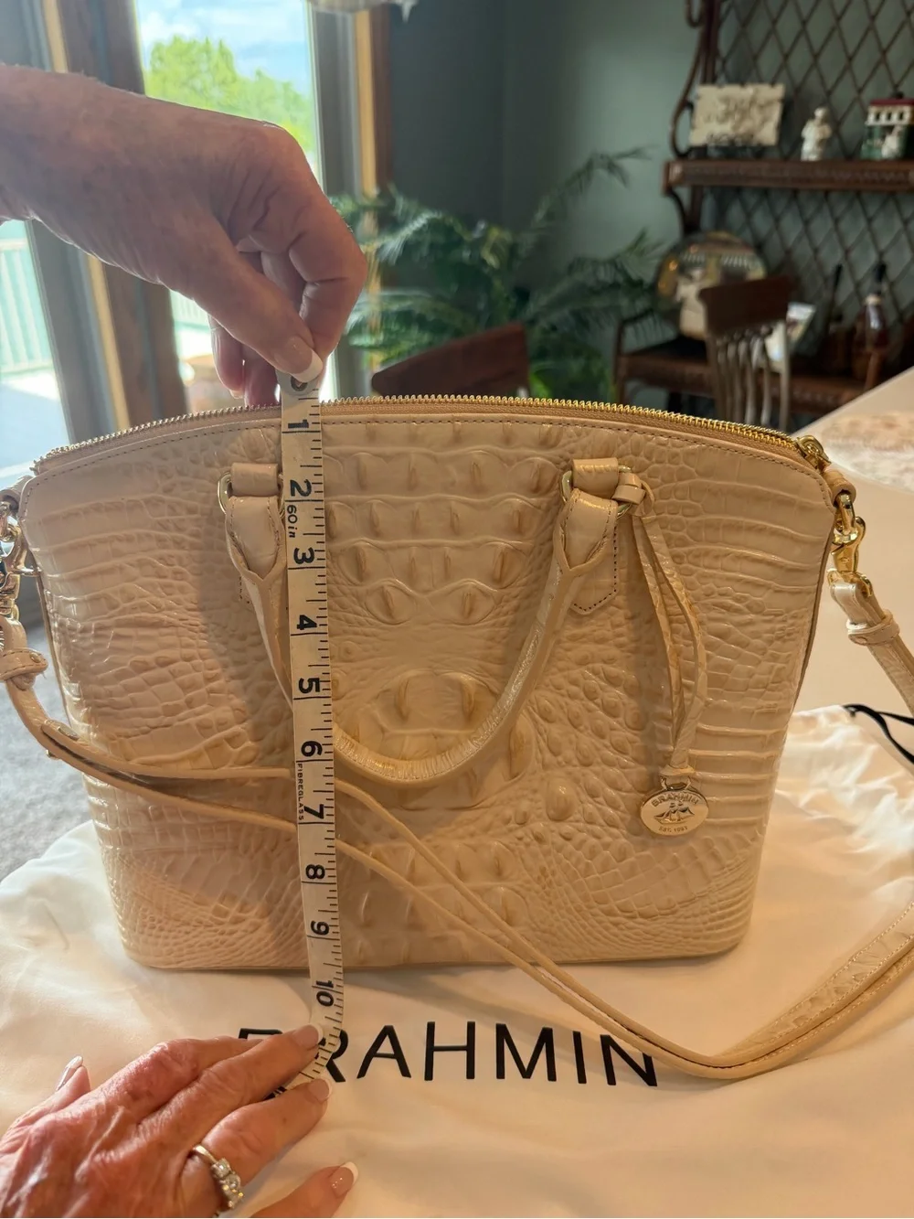 Brahmin Cream Croc-Embossed Dome Satchel